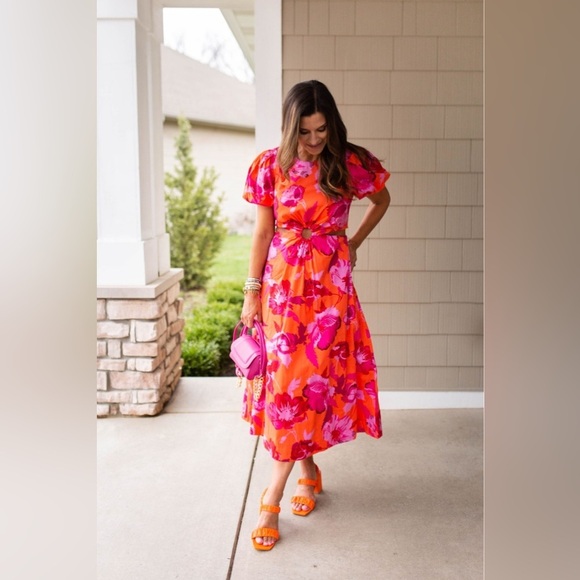 Scoop Women's Cut Out Midi Dress with Puff Sleeves, Size L NWOT - Picture 4 of 7